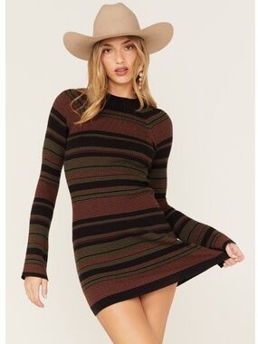 Like New [Shyanne] Mock Striped Black Orange Long Ribbed Knit Mini Dress | XXL